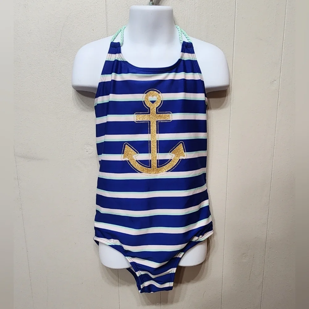 Cat & Jack Swimsuit Medium 7 -‎ 8 Nautical Blue White Striped Swim Beach C378